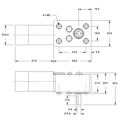 Worm Gearbox Gearmotor + Encoder Dimensions